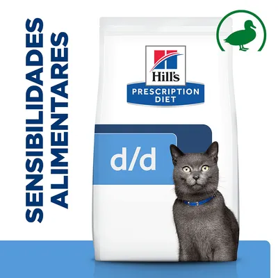 Hill's Prescription Diet d/d para gatos. Texto visível: 'SENSIBILIDADES ALIMENTARES'. Ícone de pato verde no canto superior direito. Hill's Prescription Diet d/d para gatos. Texto visível: 'SENSIBILIDADES ALIMENTARES'. Ícone de pato verde no canto superior direito.