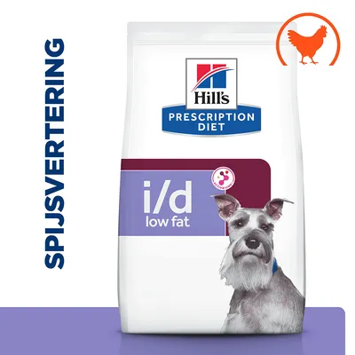 Hill's Prescription Diet i/d low fat hondenvoer, afbeelding van schnauzer, tekst: SPIJSVERTERING, oranje kip-icoon zichtbaar op de verpakking.