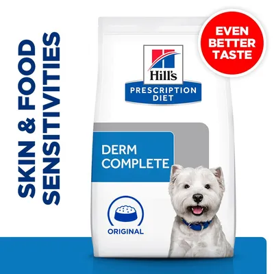 Prescription Diet Derm Complete Original for skin and food sensitivities, with even better taste highlighted in red circle. Image shows product packaging and a white dog.