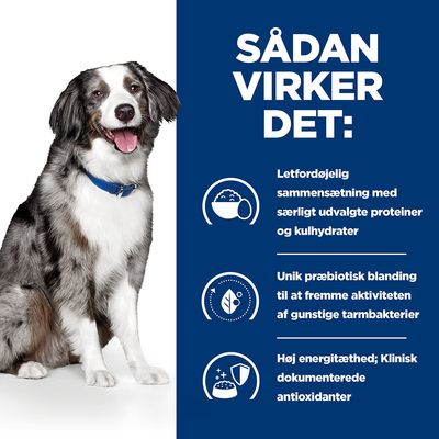 SÅDAN VIRKER DET: Letfordøjelig sammensætning med særligt udvalgte proteiner og kulhydrater. Unik præbiotisk blanding. Høj energitæthed; Klinisk dokumenterede antioxidanter.