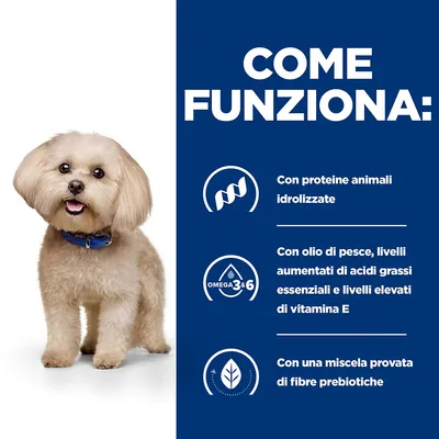 COME FUNZIONA: Con proteine animali idrolizzate. Con olio di pesce, livelli aumentati di acidi grassi essenziali e livelli elevati di vitamina E. Con una miscela provata di fibre prebiotiche.