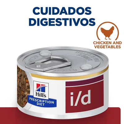 Hill's Prescription Diet i/d, cuidados digestivos, lata com frango e vegetais. Texto visível: CHICKEN AND VEGETABLES. Hill's Prescription Diet i/d, cuidados digestivos, lata com frango e vegetais. Texto visível: CHICKEN AND VEGETABLES.