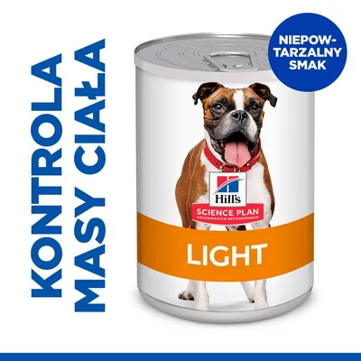 Hill's Science Plan Light, kontrola masy ciała, niepowtarzalny smak. Puszka z wizerunkiem psa i napisem LIGHT na pomarańczowym tle. Hill's Science Plan Light, kontrola masy ciała, niepowtarzalny smak. Puszka z wizerunkiem psa i napisem LIGHT na pomarańczowym tle.