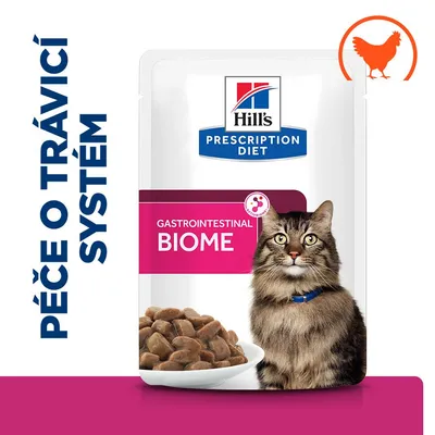 Hill's Prescription Diet Gastrointestinal Biome pre mačky, starostlivosť o tráviaci systém, obrázok kuraťa, balenie s miskou krmiva a mačkou. Text v češtine: Péče o trávicí systém.