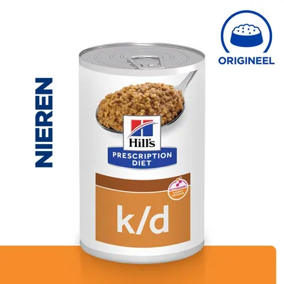 Hill's Prescription Diet k/d natvoer blik, tekst: NIEREN, ORIGINEEL, ACTIVBIOOME+ KIDNEY DEFENSE zichtbaar op het etiket.