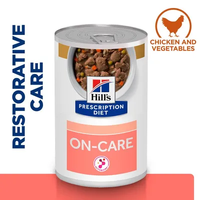 Hill's Prescription Diet ON-CARE restorative care canned food with chicken and vegetables, showing chunks of meat and vegetables. Text: restorative care, chicken and vegetables.
