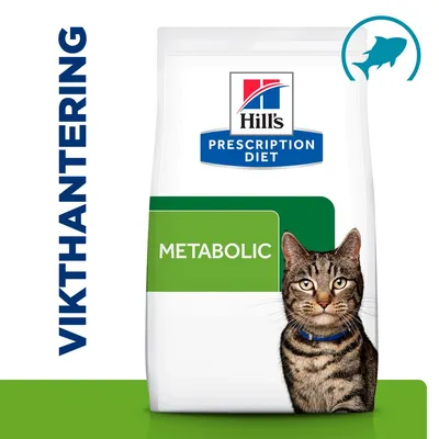 Hill's Prescription Diet Metabolic kattmat, texten 'Vikthantering' och bild på en katt syns på förpackningen.