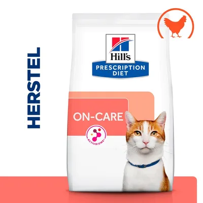 Hill's Prescription Diet ON-CARE kattenvoer, HERSTEL, met kip icoon en ActivBiome+ zichtbaar op verpakking.
