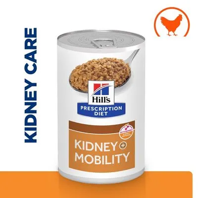 Hill's Prescription Diet burk med texten KIDNEY + MOBILITY, bild på våtfoder på sked, orange kycklingsymbol och texten KIDNEY CARE till vänster.