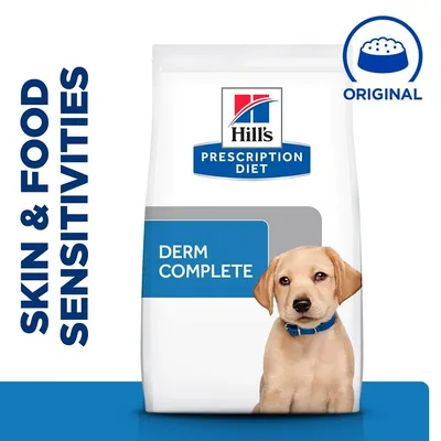 Hill's Prescription Diet Derm Complete, надпис Skin & Food Sensitivities, икона с купичка и текст ORIGINAL. Опаковка със снимка на куче.