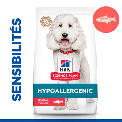 Hill's Science Plan Hypoallergenic, No Grain Salmon, croquettes pour chien, texte visible : SENSIBILITÉS, illustration de poisson, symbole sans céréales.