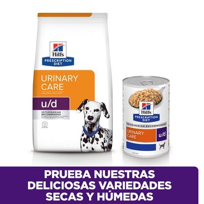 Hill's Prescription Diet Urinary Care u/d, saco y lata de comida para perros. Texto: Prueba nuestras deliciosas variedades secas y húmedas.