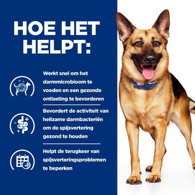 Hoe het helpt: werkt snel om het darmmicrobioom te voeden, bevordert heilzame darmbacteriën en helpt spijsverteringsproblemen bij honden te beperken. Drie pictogrammen links zichtbaar.