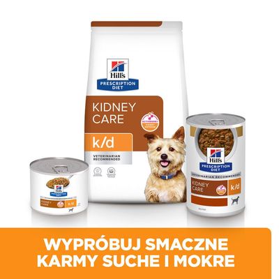 Hill's Prescription Diet Kidney Care k/d karma sucha i mokra dla zwierząt. Widoczne opakowania: duża torba oraz dwie puszki. Napis: Wypróbuj smaczne karmy suche i mokre.
