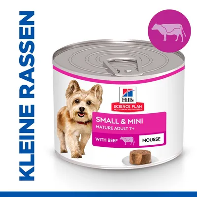 Hill's Science Plan Small & Mini Mature Adult 7+ with Beef Mousse natvoer voor kleine rassen, afbeelding van blik met hond en rundvleesicoon, tekst: KLEINE RASSEN Hill's Science Plan Small & Mini Mature Adult 7+ with Beef Mousse natvoer voor kleine rassen, afbeelding van blik met hond en rundvleesicoon, tekst: KLEINE RASSEN