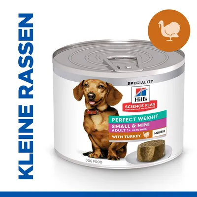 Hill's Science Plan Perfect Weight Small & Mini Adult 1+ tot 10 kg met kalkoen mousse hondenvoer, blik met afbeelding kleine hond en tekst 'KLEINE RASSEN'. Hill's Science Plan Perfect Weight Small & Mini Adult 1+ tot 10 kg met kalkoen mousse hondenvoer, blik met afbeelding kleine hond en tekst 'KLEINE RASSEN'.