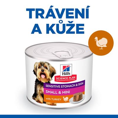 Hill's Science Plan Sensitive Stomach & Skin Small & Mini with Turkey konzerva pro psy, text: Trávení a kůže, obrázek krůty