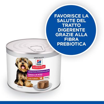 Hill's Science Plan Sensitive Stomach & Skin Small & Mini Adult 1–6 con tacchino, mousse. Favorisce la salute del tratto digerente grazie alla fibra prebiotica.