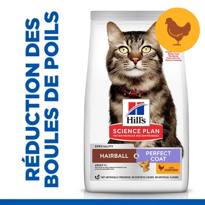 Hill's Science Plan Hairball & Perfect Coat pour chats adultes, au poulet. Texte visible : réduction des boules de poils. Illustration d’un chat et pictogramme poulet.