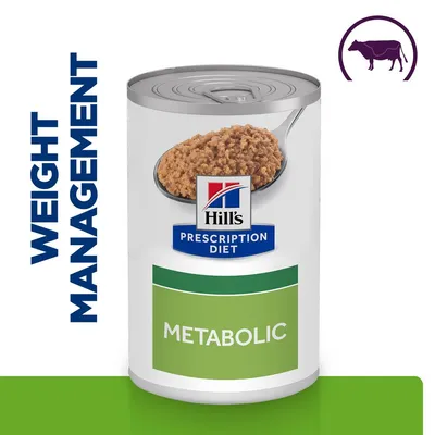 Hill's Prescription Diet Metabolic wet food tin with 'WEIGHT MANAGEMENT' text and cow icon visible on label.