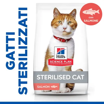 Hill's Science Plan Sterilised Cat, alimento per gatti sterilizzati con salmone. Testo visibile: GATTI STERILIZZATI, con SALMONE, SALMON. Hill's Science Plan Sterilised Cat, alimento per gatti sterilizzati con salmone. Testo visibile: GATTI STERILIZZATI, con SALMONE, SALMON.