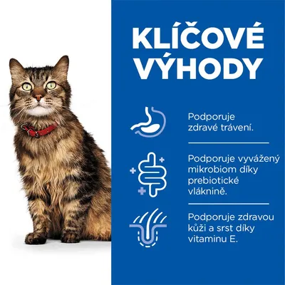 Klíčové výhody: Podporuje zdravé trávení, vyvážený mikrobiom díky prebiotické vláknině a zdravou kůži a srst díky vitaminu E. Obrázek kočky s červeným obojkem.