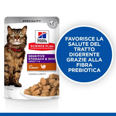 Hill's Science Plan Sensitive Stomach & Skin Adult 1-6 with Turkey. Favorisce la salute del tratto digerente grazie alla fibra prebiotica. Bocconcini in salsa visibili.