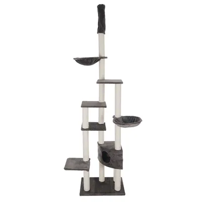 Rascador para gatos de varios niveles con plataformas, postes verticales y dos camas redondas. Estructura en tela gris y postes forrados de cuerda clara.