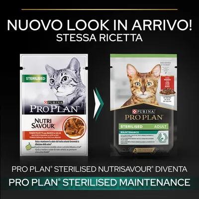 Immagine che mostra il passaggio da Purina Pro Plan Sterilised Nutrisavour a Purina Pro Plan Sterilised Maintenance per gatti adulti sterilizzati, stessa ricetta, nuovo look.