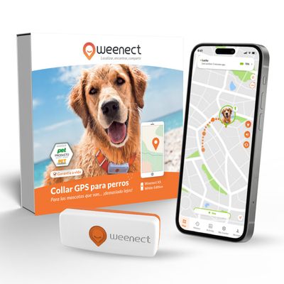 Weenect Collar GPS pro psy, Weenect XS White Edition. Balení s obrázkem psa, GPS trackerem a smartphonem se zobrazením mapy. Doživotní záruka, vítěz v kategorii Pet Produkt.