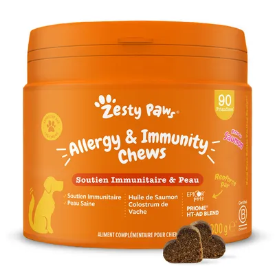 Zesty Paws Allergy & Immunity Chews, 90 friandises, soutien immunitaire et peau, huile de saumon, colostrum de vache, aliment complémentaire pour chiens, 300 g. Riche en saumon. Zesty Paws Allergy & Immunity Chews, 90 friandises, soutien immunitaire et peau, huile de saumon, colostrum de vache, aliment complémentaire pour chiens, 300 g. Riche en saumon.