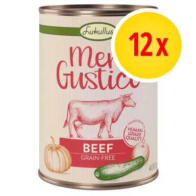 Lukullus Menu Gustico, confezione da 12 x 400 g, BEEF GRAIN-FREE, ingredienti human grade quality visibile sulla lattina.
