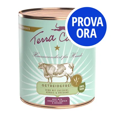 Terra Canis Hausmannskost für Hunde, getreidefrei, manzo con zucchine, zucca e origano. Etichetta 100% Natur. Bollino blu con testo: PROVA ORA.
