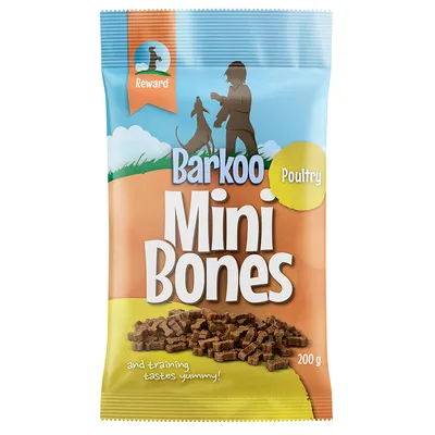 Barkoo Mini Bones Poultry, pakiranje od 200 g. Tekst: Reward, and training tastes yummy! Prikaz malih smeđih poslastica u obliku kostiju.