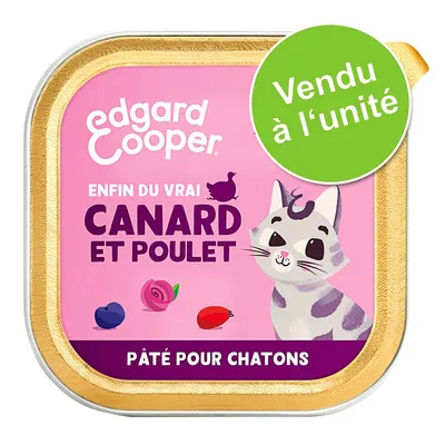 edgard cooper, enfin du vrai canard et poulet, pâté pour chatons. Vendu à l’unité. Emballage rose avec illustration de chat et fruits.