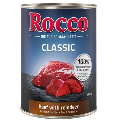 Konzerva Rocco Classic, 400 g, Beef with reindeer. 100% fresh ingredients & grain-free. Die Fleischmahlzeit. Rind mit Rentier. Bœuf au renne.