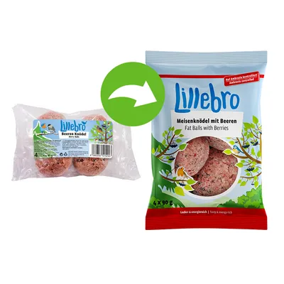 Lillebro Meisenknödel mit Beeren, Fat Balls with Berries, verpakking met 4 x 90 g. Nieuwe verpakking rechts, oude links zichtbaar. Productnaam en gewicht duidelijk leesbaar.