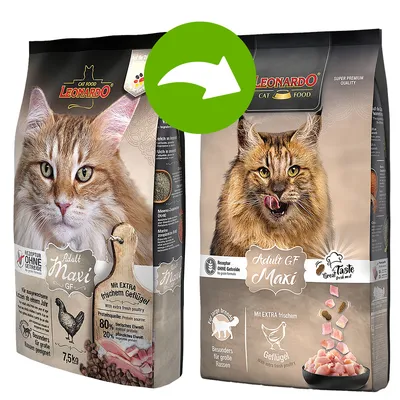 Leonardo Cat Food Adult Maxi GF, Rezeptur ohne Getreide, mit extra frischem Geflügel. Besonders für grosse Rassen geeignet. Packungsgrösse: 7,5 kg.