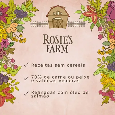 Rosie's Farm. Receitas sem cereais. 70% de carne ou peixe e valiosas vísceras. Refinadas com óleo de salmão.
