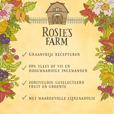 Rosie's Farm. Graanvrije recepturen, 60% vlees of vis en hoogwaardige ingewanden, zorgvuldig geselecteerd fruit en groente, met waardevolle lijnzaadolie.