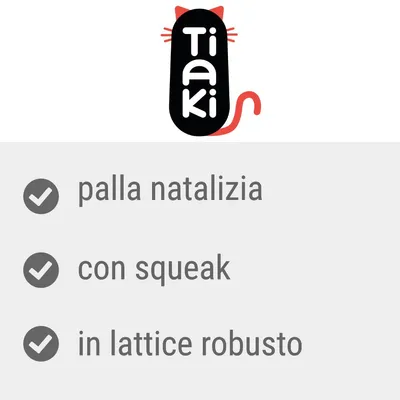 Tiaki, palla natalizia con squeak in lattice robusto. Testo promozionale visibile nell'immagine.