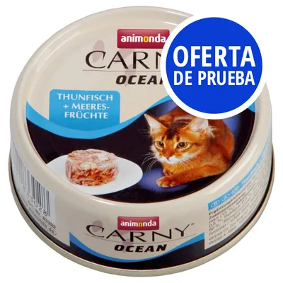Lata de comida para gatos animonda Carny Ocean, texto visible: 'THUNFISCH + MEERESFRÜCHTE', imagen de un gato y oferta de prueba en círculo azul.