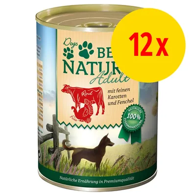 Boîte de nourriture pour chien BELCANDO Adult, bœuf et dinde, carottes et fenouil, lot de 12. Texte en allemand visible sur l’étiquette.