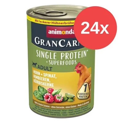 animonda GranCarno Single Protein + Superfoods ADULT, Huhn, Spinat, Himbeeren, Kürbiskerne, 24x. Viditelný nápis: 100 % frische Zutaten, ohne Getreide, ohne Gluten, Made in Germany.