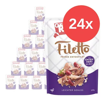 RINTI Filetto Feines Entenfilet mit Entenherz in Jelly, balení 24×100 g. Na obalu vyobrazené kousky masa a srdce. Text: Leichter Genuss.