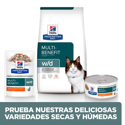 Hill's Prescription Diet Multi-Benefit w/d para gatos, variedades seca y húmeda. Texto: Prueba nuestras deliciosas variedades secas y húmedas.