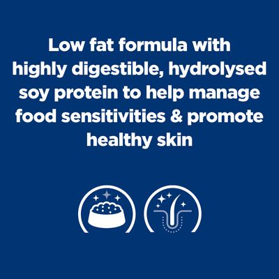 Low fat formula with highly digestible, hydrolysed soy protein to help manage food sensitivities and promote healthy skin.