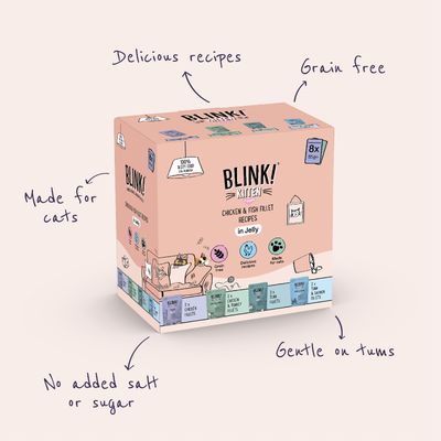 Box of chicken and fish fillet recipes in jelly with labels: delicious recipes, grain free, made for cats, no added salt or sugar, gentle on tums. Contains 8 x 85g portions.