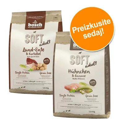 Dve vreči Bosch Soft adult: Land-Ente & Kartoffel, Huhnchen & Banane, 2,5 kg. Oznaka: Preizkusite sedaj! Single Protein, Grain free, 60 % mesa. Besedilo v nemščini in angleščini.