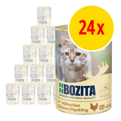 Multipack of 24 Bozita chicken 400g cans, grain free, as shown on packaging with product details and image of a cat.